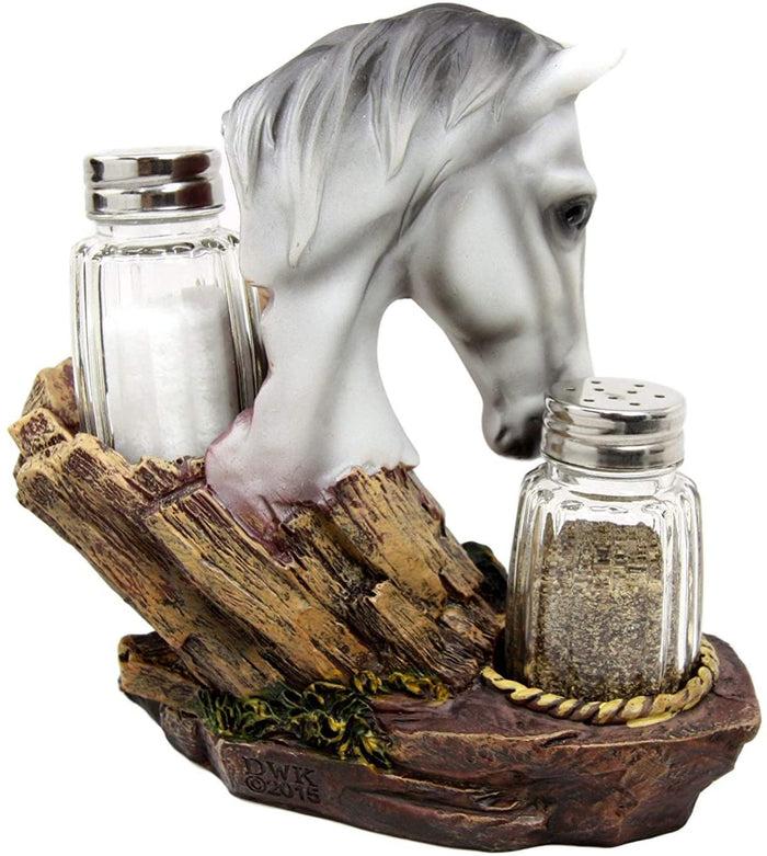 Ebros Gift Ebros White Horse By Wagon Wheel Glass Salt Pepper Shakers Holder Set 6.25"H