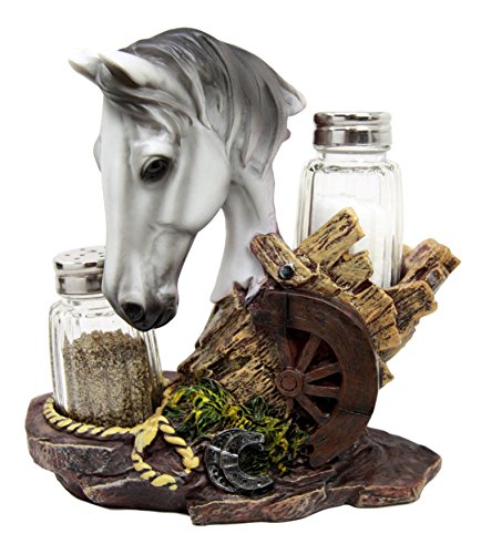 ebros gift Ebros White Horse By Wagon Wheel Glass Salt Pepper Shakers Holder Set 6.25"H