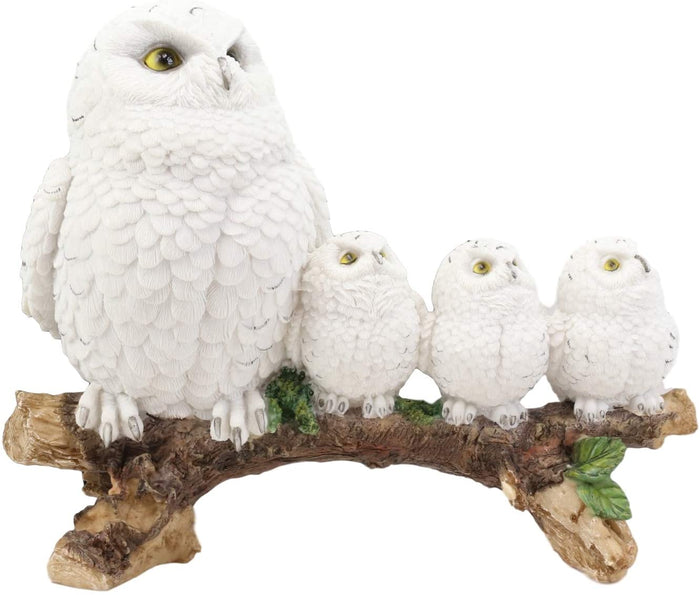 Ebros Gift Ebros White Owl Perching On Tree Branch With 3 Baby Owlets Statue 10.25" Wide