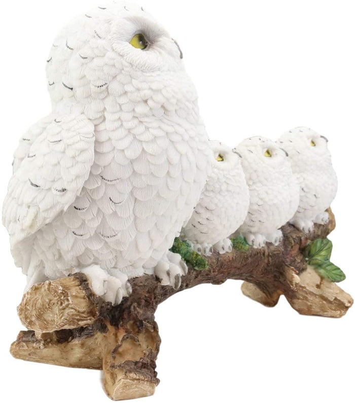 Ebros Gift Ebros White Owl Perching On Tree Branch With 3 Baby Owlets Statue 10.25" Wide