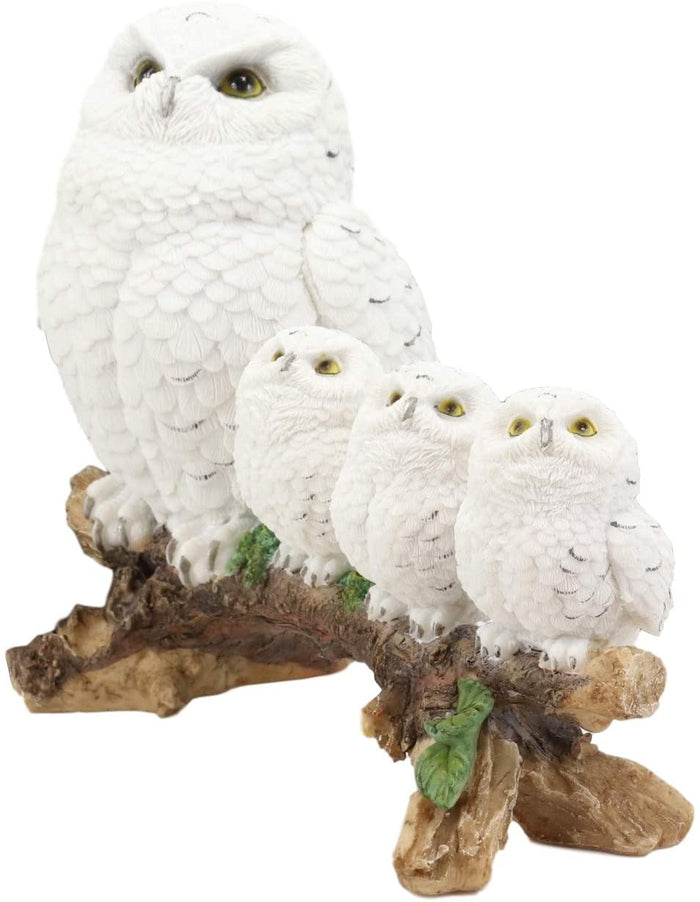 Ebros Gift Ebros White Owl Perching On Tree Branch With 3 Baby Owlets Statue 10.25" Wide