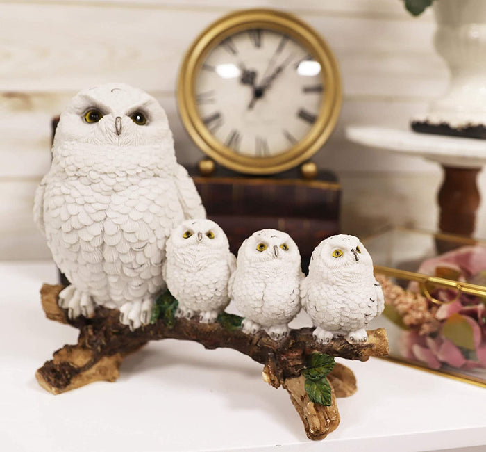 ebros gift Ebros White Owl Perching On Tree Branch With 3 Baby Owlets Statue 10.25" Wide