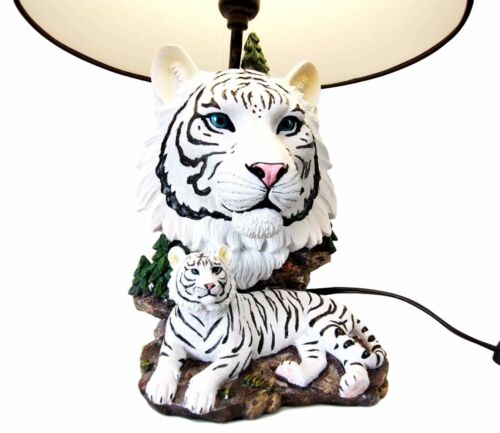 Ebros Gift Ebros White Rare Alaskan Tiger Desktop Table Lamp Statue With Black Fabric Shade