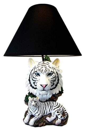 Ebros Gift Ebros White Rare Alaskan Tiger Desktop Table Lamp Statue With Black Fabric Shade