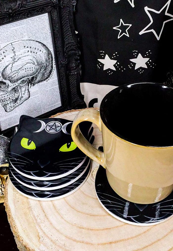 Ebros Gift Ebros Wicca Black Cat Face Triple Moon Goddess Cork Backed Ceramic Coasters 4pcs