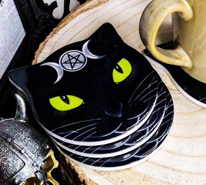ebros gift Ebros Wicca Black Cat Face Triple Moon Goddess Cork Backed Ceramic Coasters 4pcs