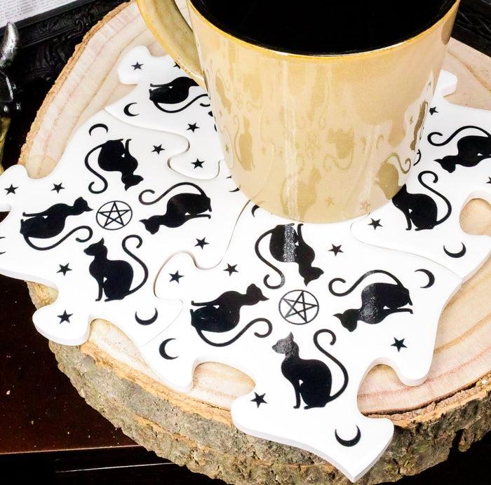 ebros gift Ebros Wicca Black Cat Pentagram Star Moons Cork Backed Ceramic Coaster Set Of 4