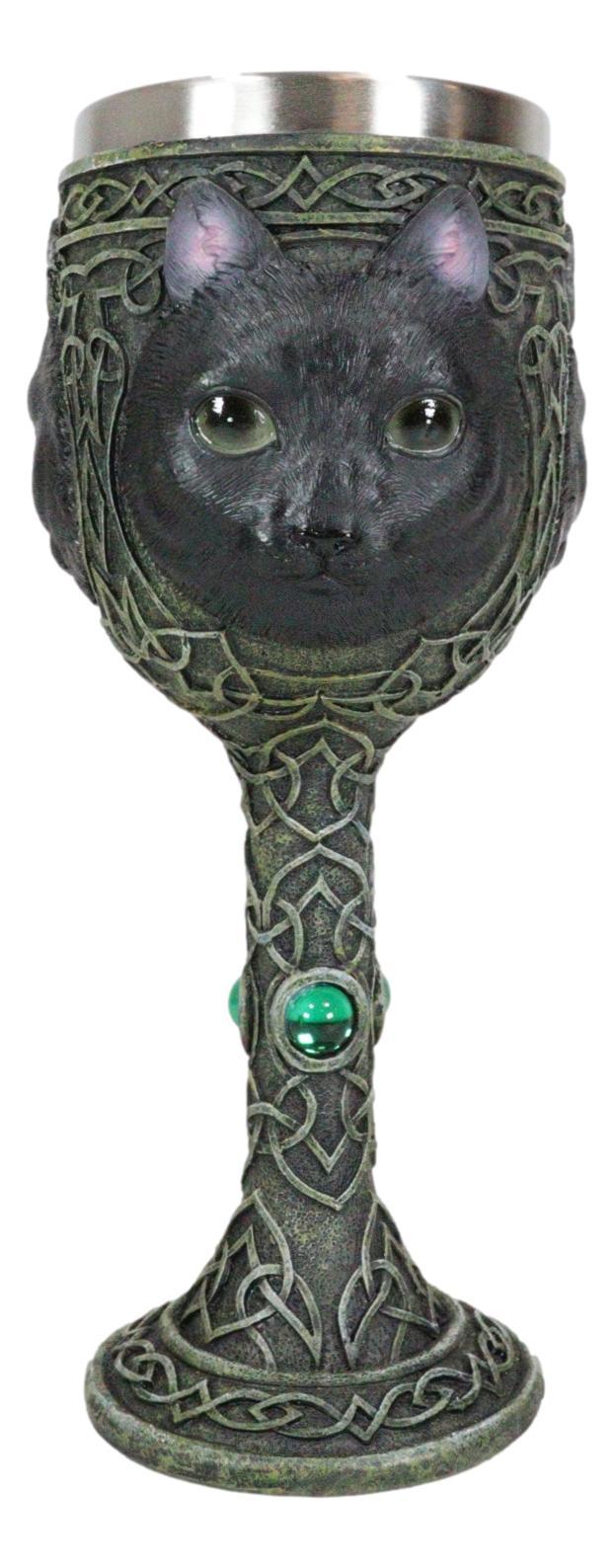 Ebros Gift Ebros Wicca Mystical Witching Hour Black Cat Wine Goblet 7oz Cats Celtic Chalice Cup