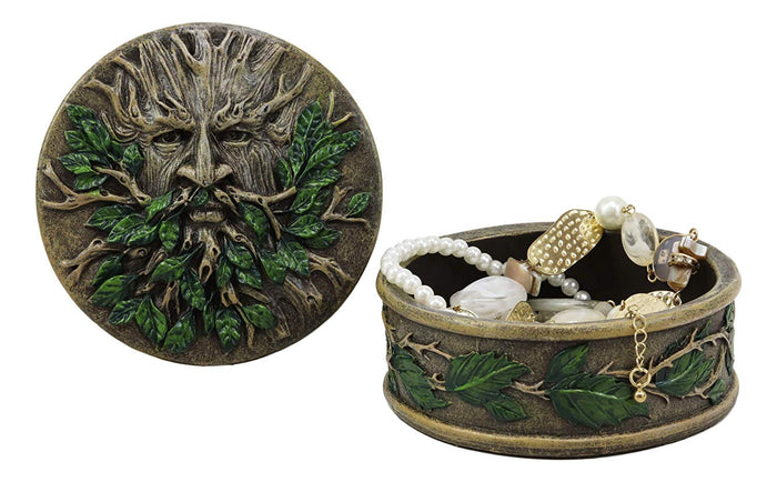 ebros gift Ebros Wiccan Celtic Forest Spirit Greenman Tree of Life Round Jewelry Box 4.5" Diameter Vegetative Earth Deity Small Trinket Box Figurine