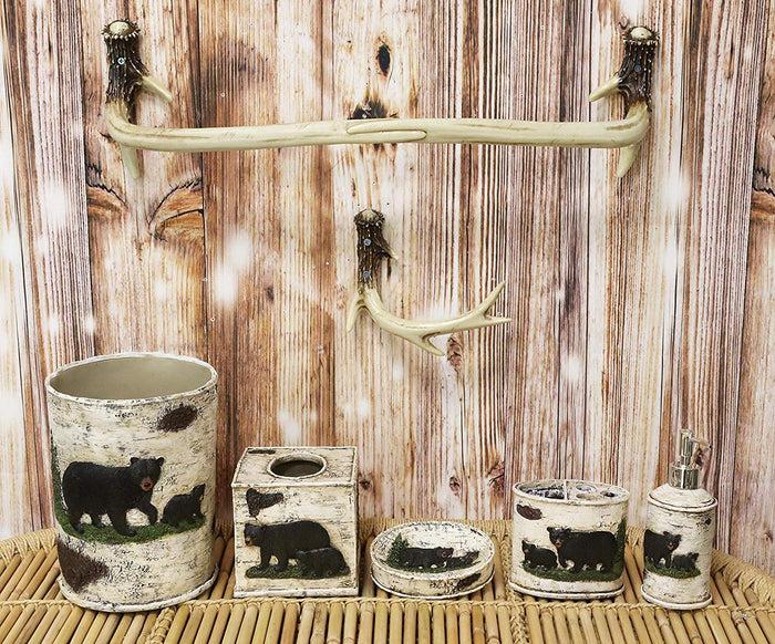 ebros gift Ebros Wildlife Rustic Black Bear in Pine Trees Forest Bathroom Accent Resin Figurine Accessories with Birch Wood Finish Western Country Cabin Lodge Decorative (5 Piece Bath Set and 2 Towel Racks)