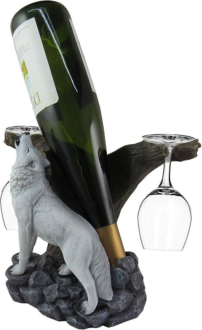 Ebros Gift Ebros Wine Of The Wild Howling White Wolf Wine Holder Set With Glasses 10-inch