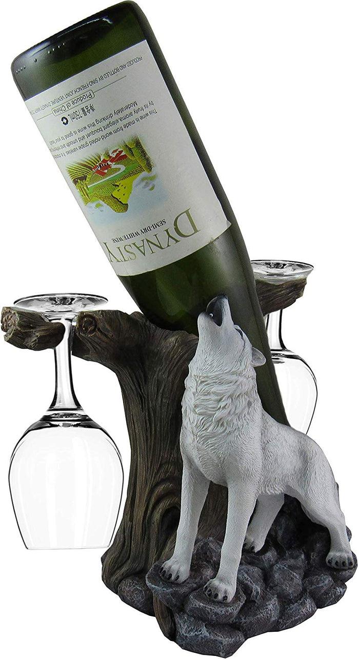 Ebros Gift Ebros Wine Of The Wild Howling White Wolf Wine Holder Set With Glasses 10-inch
