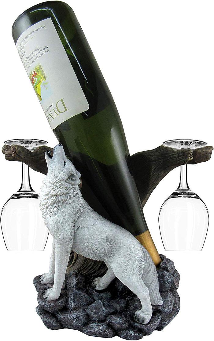 ebros gift Ebros Wine of The Wild Howling White Wolf Wine Holder Set with Glasses 10-inch