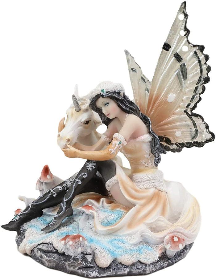 Ebros Gift Ebros Winter Butterfly Fairy With White Unicorn On Mushrooms Figurine 6.5" Long