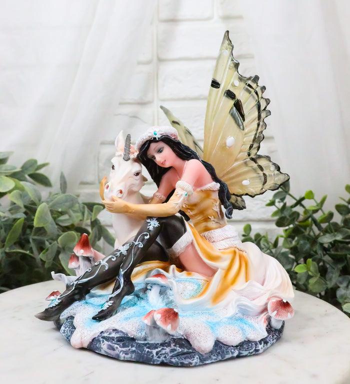 ebros gift Ebros Winter Butterfly Fairy with White Unicorn On Mushrooms Figurine 6.5" Long
