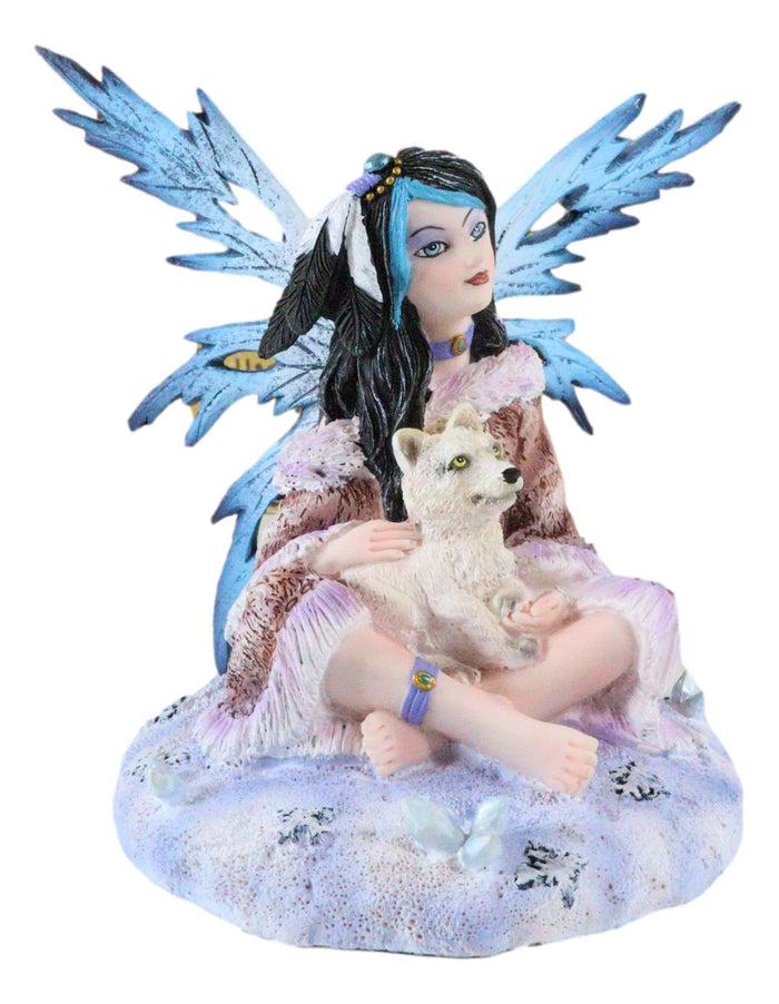 Ebros Gift Ebros Winter Frozen Tribal Eskimo Fairy With Snow Wolf Cub Pup Pet Fantasy Figurine
