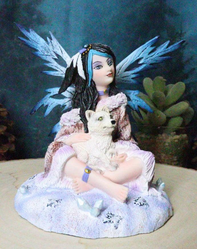 ebros gift Ebros Winter Frozen Tribal Eskimo Fairy With Snow Wolf Cub Pup Pet Fantasy Figurine