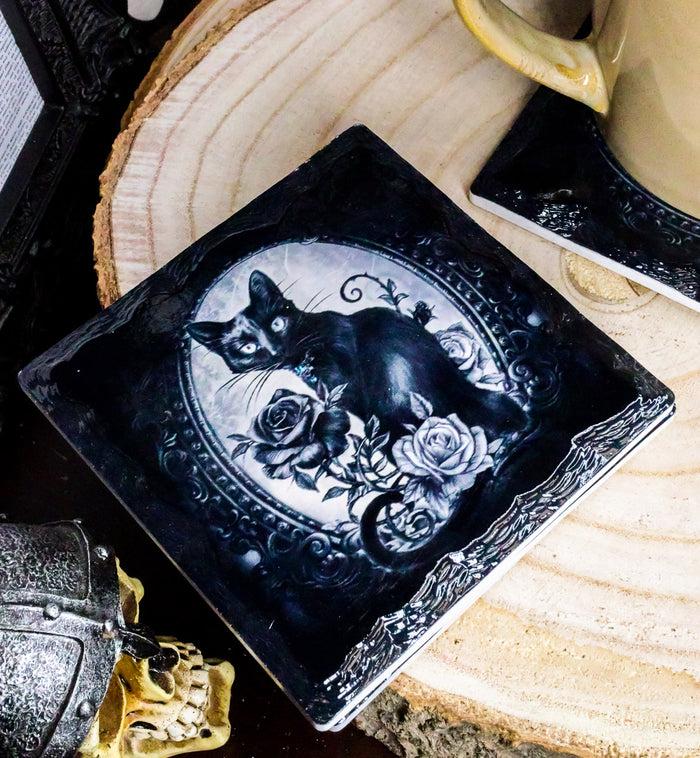 ebros gift Ebros Witching Hour Feline Black Cat Roses Cork Backed Ceramic Coasters Set of 4