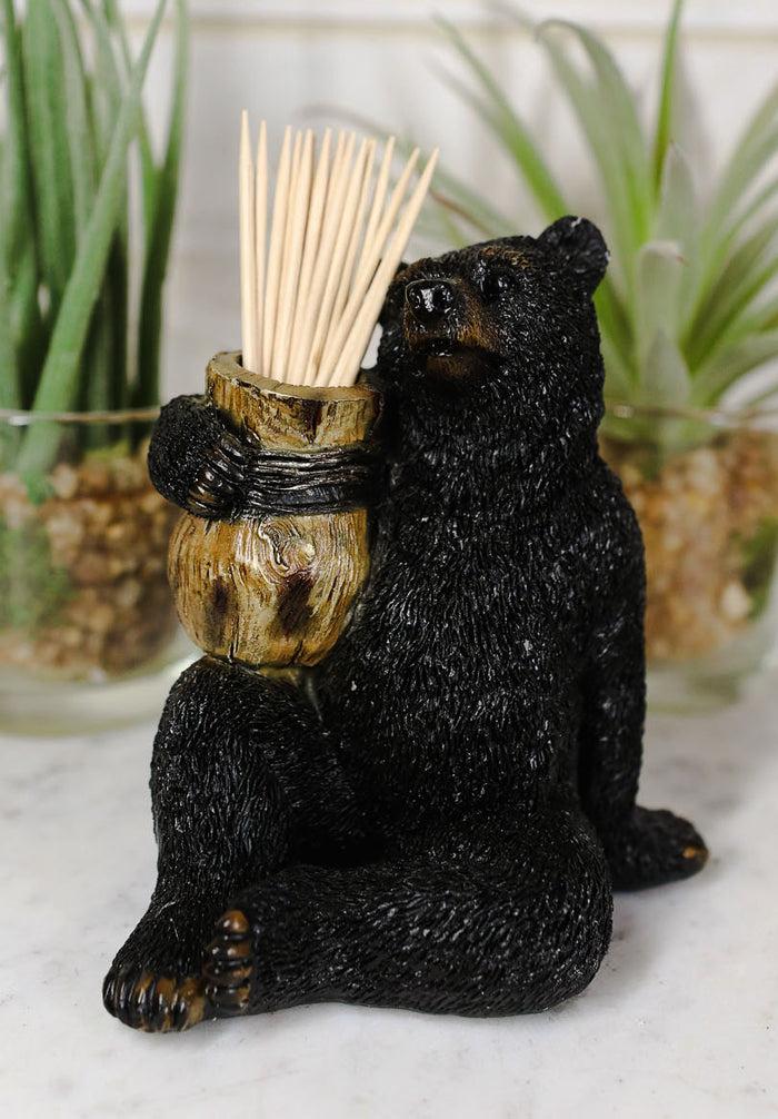 ebros gift Ebros Woodlands Forest Black Bear Sitting With Wooden Barrel Toothpick Holder Figurine