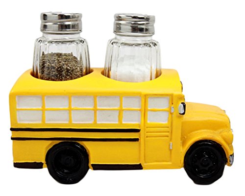 Ebros Gift Ebros Yellow School Bus Decorative Glass Salt Pepper Shakers Holder Resin 6"L