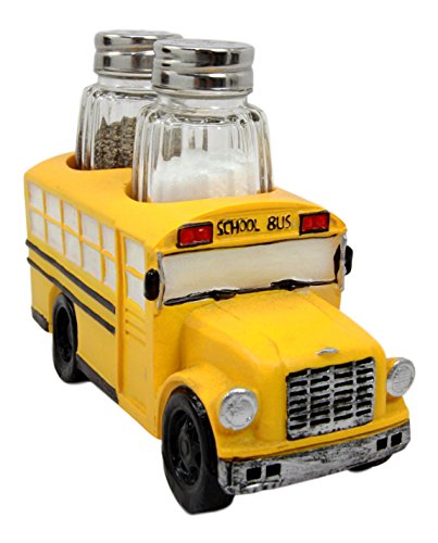 Ebros Gift Ebros Yellow School Bus Decorative Glass Salt Pepper Shakers Holder Resin 6"L