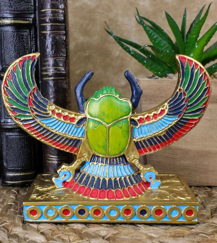 ebros gift Egyptian Beautiful Golden Winged Scarab Amulet Ankh Symbol of Rebirth Figurine