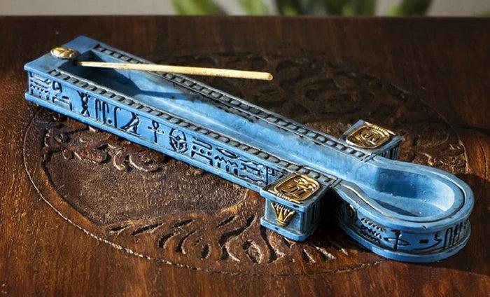 ebros gift Egyptian Blue Hieroglyphic Symbols Golden Cartouche Ankh Key Incense Holder