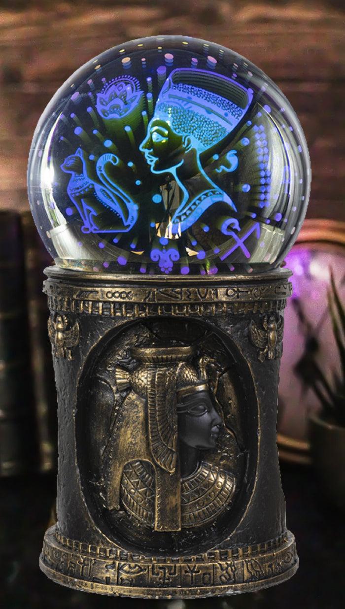 ebros gift Egyptian Cleopatra Golden Column With Nefertiti Bastet LED Light Glass Ball