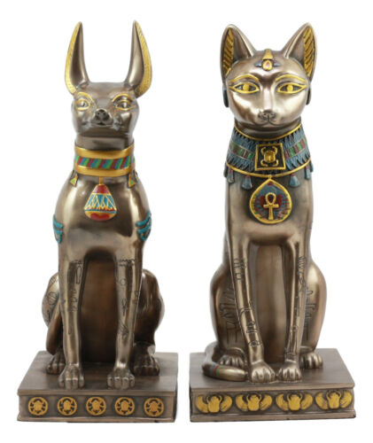ebros gift Egyptian Goddess Bastet And God Anubis Sitting On Pedestal Statue Set Of 2