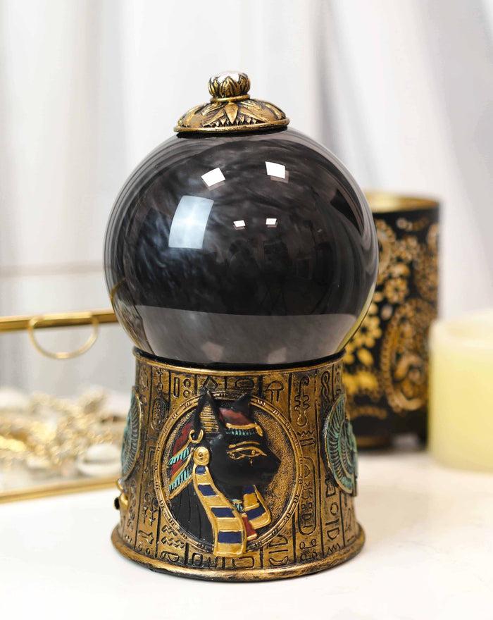 ebros gift Egyptian Goddess Bastet & Scarab Hieroglyphic Black Sandstorm Gazing Ball Statue