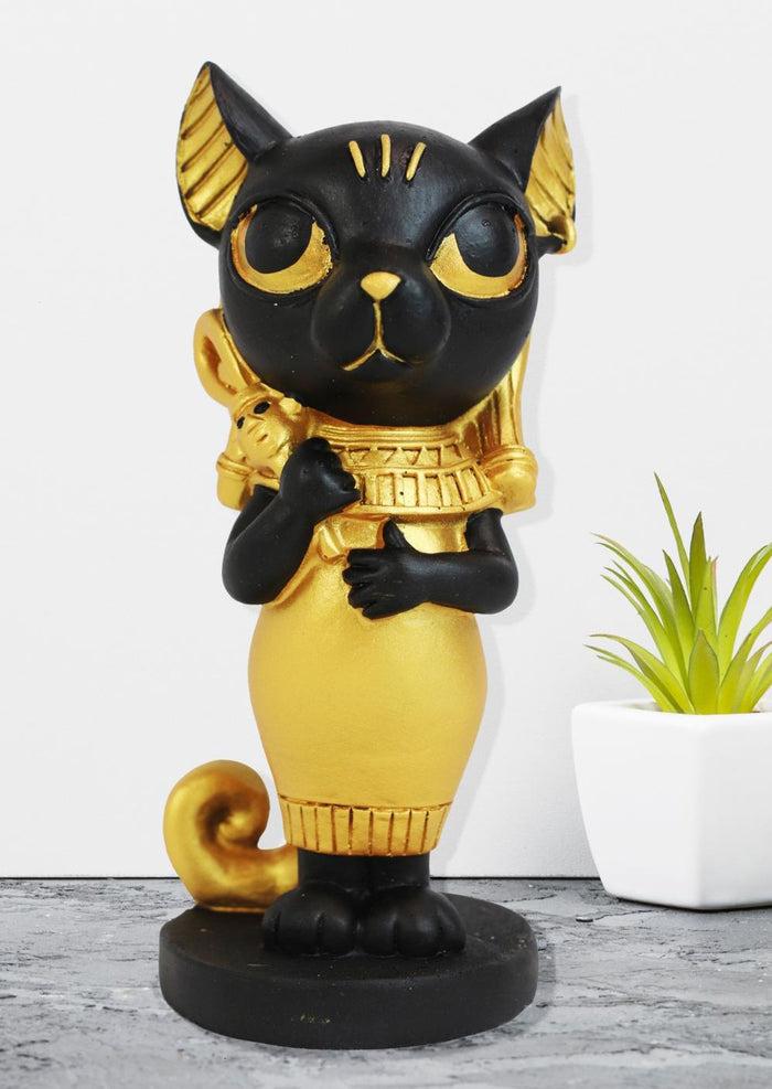 ebros gift Egyptian Goddess Cat Bastet Holding Ankh Black Gold Finish Chibi Small Figurine