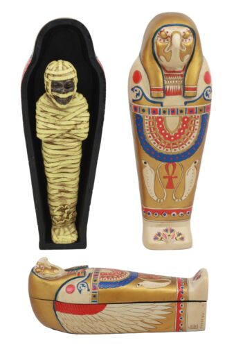 Ebros Gift Egyptian Golden Horus King Tut Sarcophagus With Mummy Insert Figurine 3pc Set