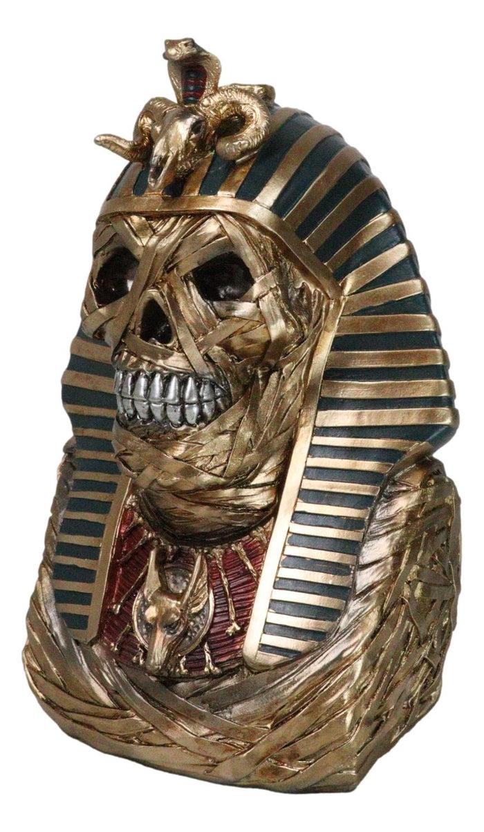 Ebros Gift Egyptian Golden King TUT Sarcophagus Mummy Skull With Nemes Bust Figurine