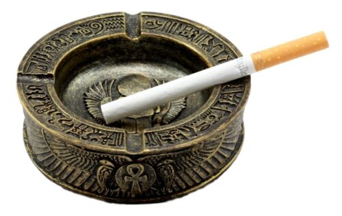 Ebros Gift Egyptian Hieroglyphs Ankh Dual Cobra Winged Scarab Ashtray Figurine 4"Diameter