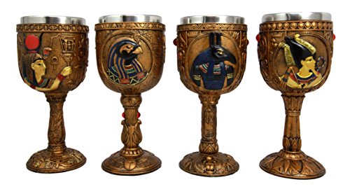 ebros gift Egyptian Horus Hathor Seth and Osiris 6oz Resin Wine Goblet Chalice Set of 4