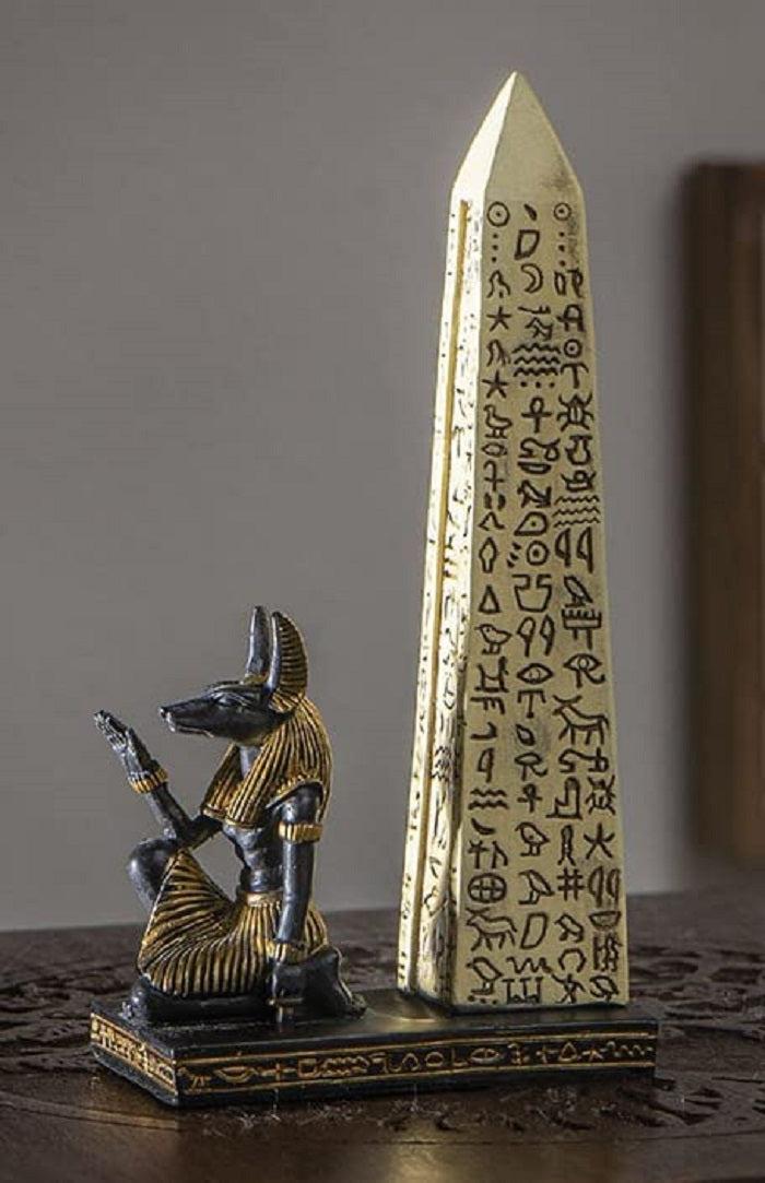 ebros gift Egyptian Jackal Dog Deity Anubis Kneeling Hieroglyphic Obelisk Incense Burner