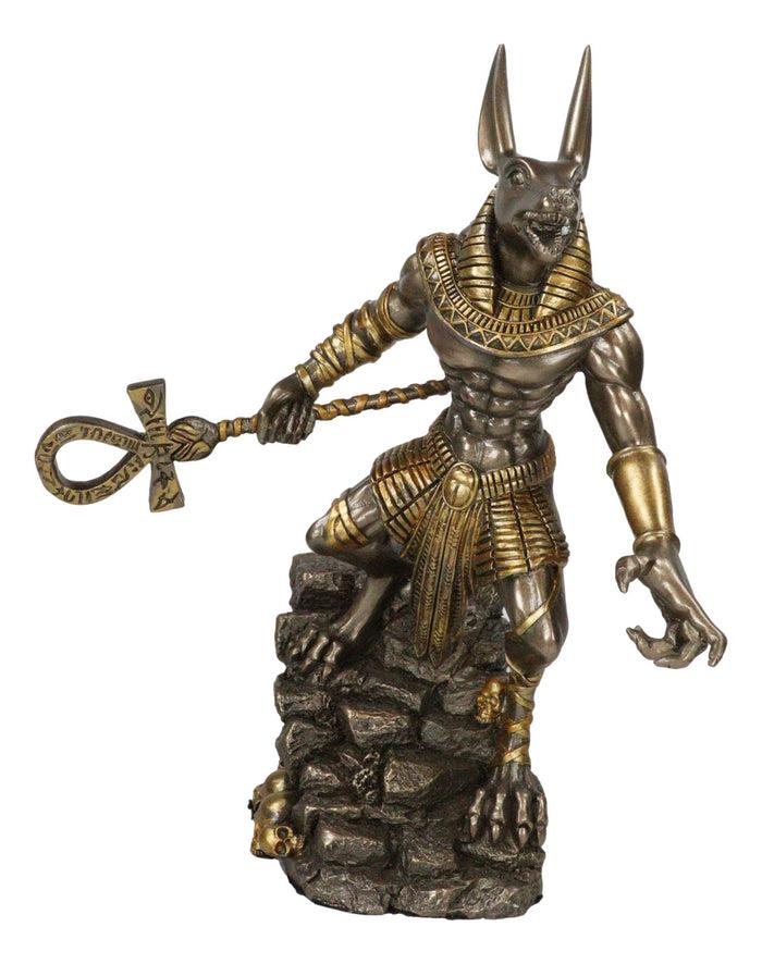 Ebros Gift Egyptian Jackal God Anubis With Ankh Spear On Skull Graveyard Bronzed Figurine