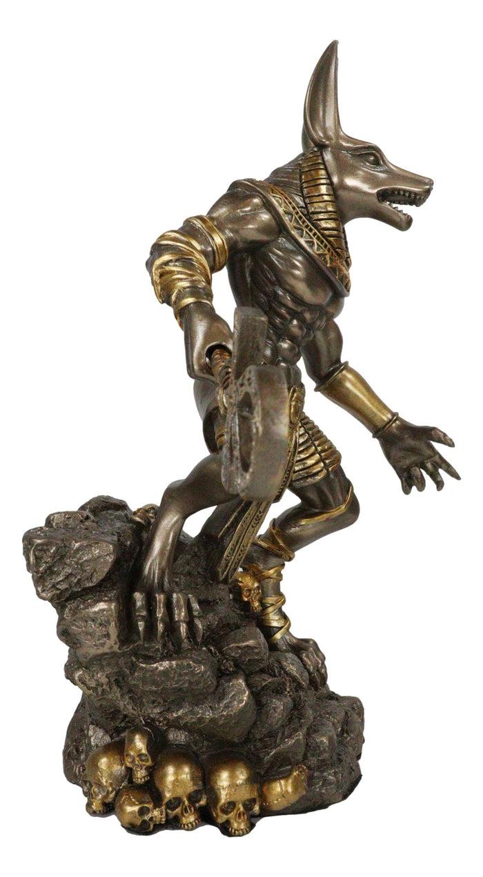 Ebros Gift Egyptian Jackal God Anubis With Ankh Spear On Skull Graveyard Bronzed Figurine