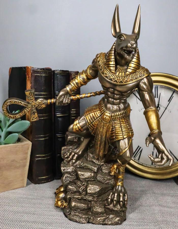 ebros gift Egyptian Jackal God Anubis With Ankh Spear On Skull Graveyard Bronzed Figurine