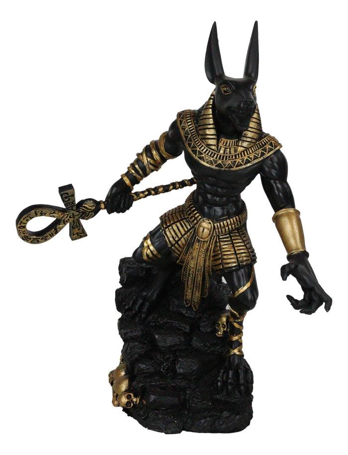 Ebros Gift Egyptian Jackal God Anubis With Ankh Staff Spear On Skull Graveyard Figurine