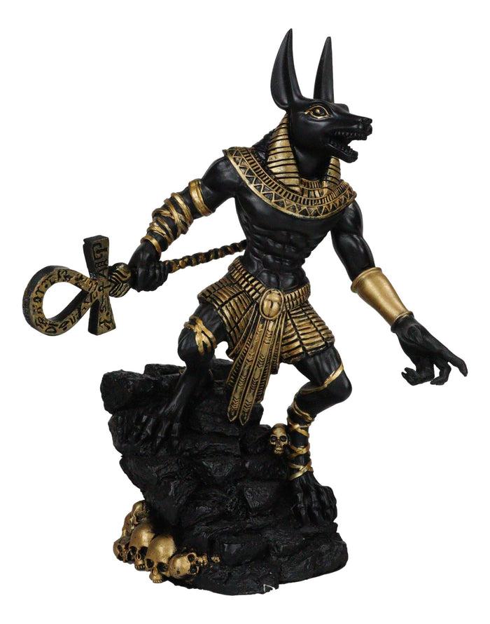 Ebros Gift Egyptian Jackal God Anubis With Ankh Staff Spear On Skull Graveyard Figurine