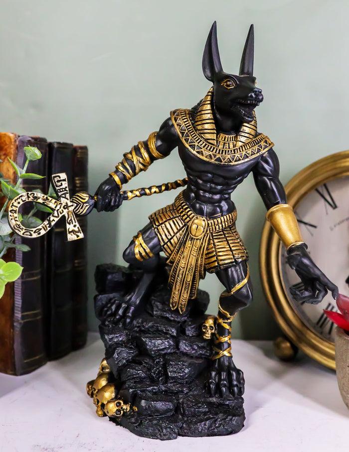 ebros gift Egyptian Jackal God Anubis With Ankh Staff Spear On Skull Graveyard Figurine
