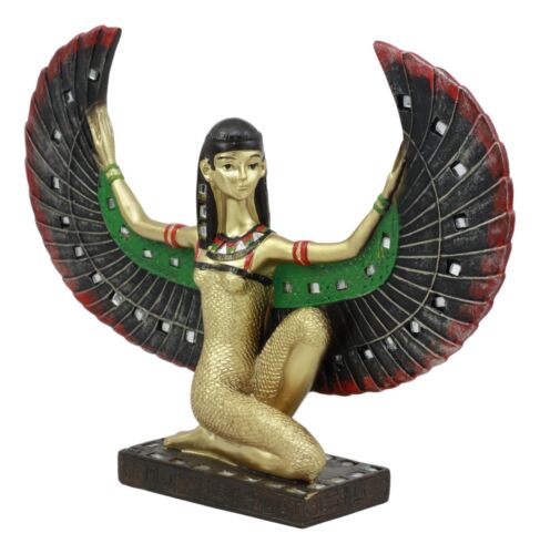 Ebros Gift Egyptian Kneeling Goddess Isis With Open Wings Figurine Golden Decor W/ Mirrors