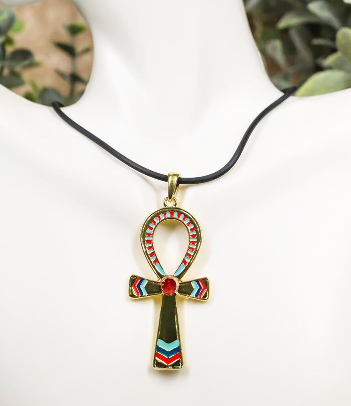 ebros gift Egyptian Solar Ra Ankh Key Pendant Medallion Pewter Necklace Accessory Jewelry