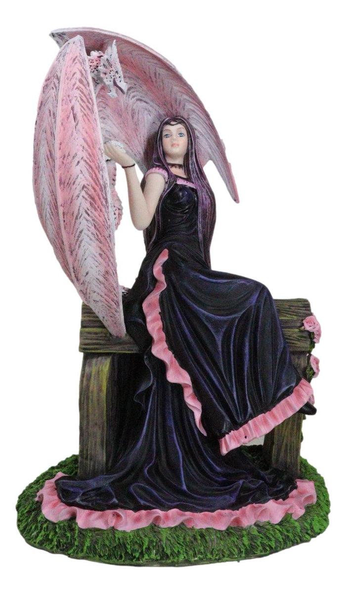 Ebros Gift Elegant Pink Wyvern Dragon With Rose Fairy In Black Gown Sitting On Bench Statue