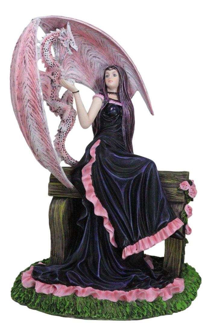 Ebros Gift Elegant Pink Wyvern Dragon With Rose Fairy In Black Gown Sitting On Bench Statue