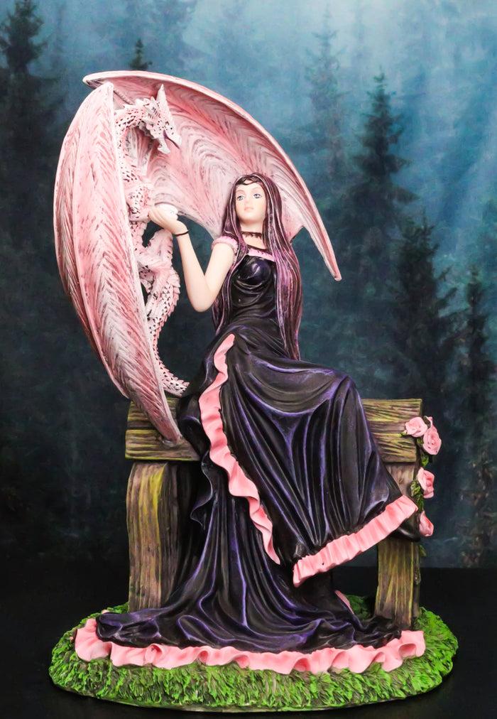 ebros gift Elegant Pink Wyvern Dragon with Rose Fairy in Black Gown Sitting On Bench Statue