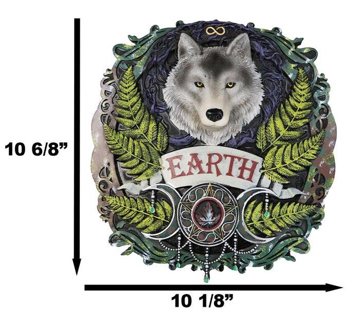 Ebros Gift Elemental Earth Nation Gray Wolf With Leaf Ferns Triple Moon Symbol Wall Decor