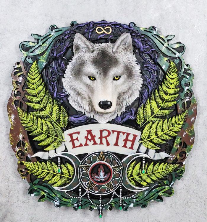 ebros gift Elemental Earth Nation Gray Wolf With Leaf Ferns Triple Moon Symbol Wall Decor