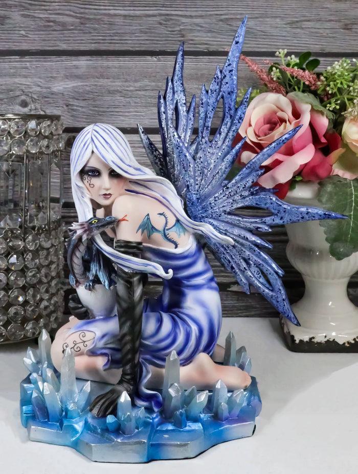 ebros gift Elemental Ice Goddess Blue Fairy With Baby Dragon Hatchling Statue 12.25"Tall